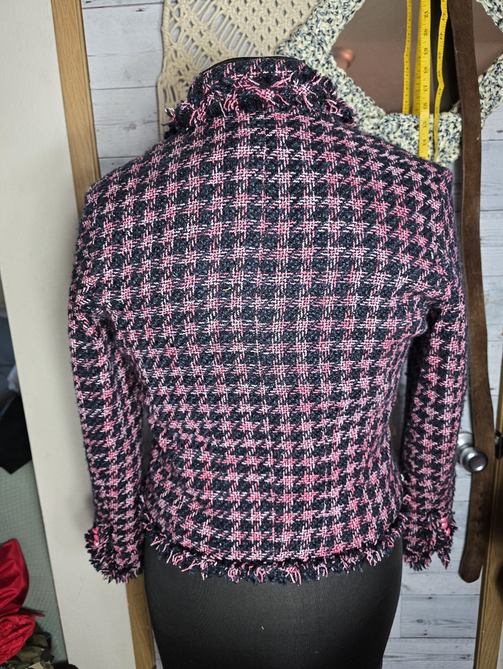 Pink and Black Whimisgoth Artsy Eclectic Tweed Silk Acrylic Jacket Cat Applique - Picture 3 of 9